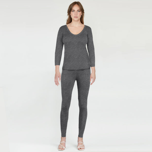 Women's 3/4 Sleeves Woollen Thermal 2 Pc Set - Grey